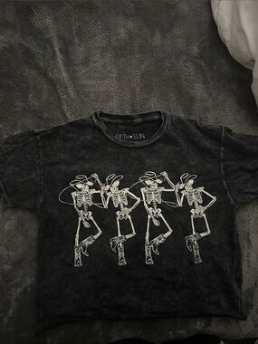 Fifth Sun Black Mineral-Wash Skeleton Line Art Tee